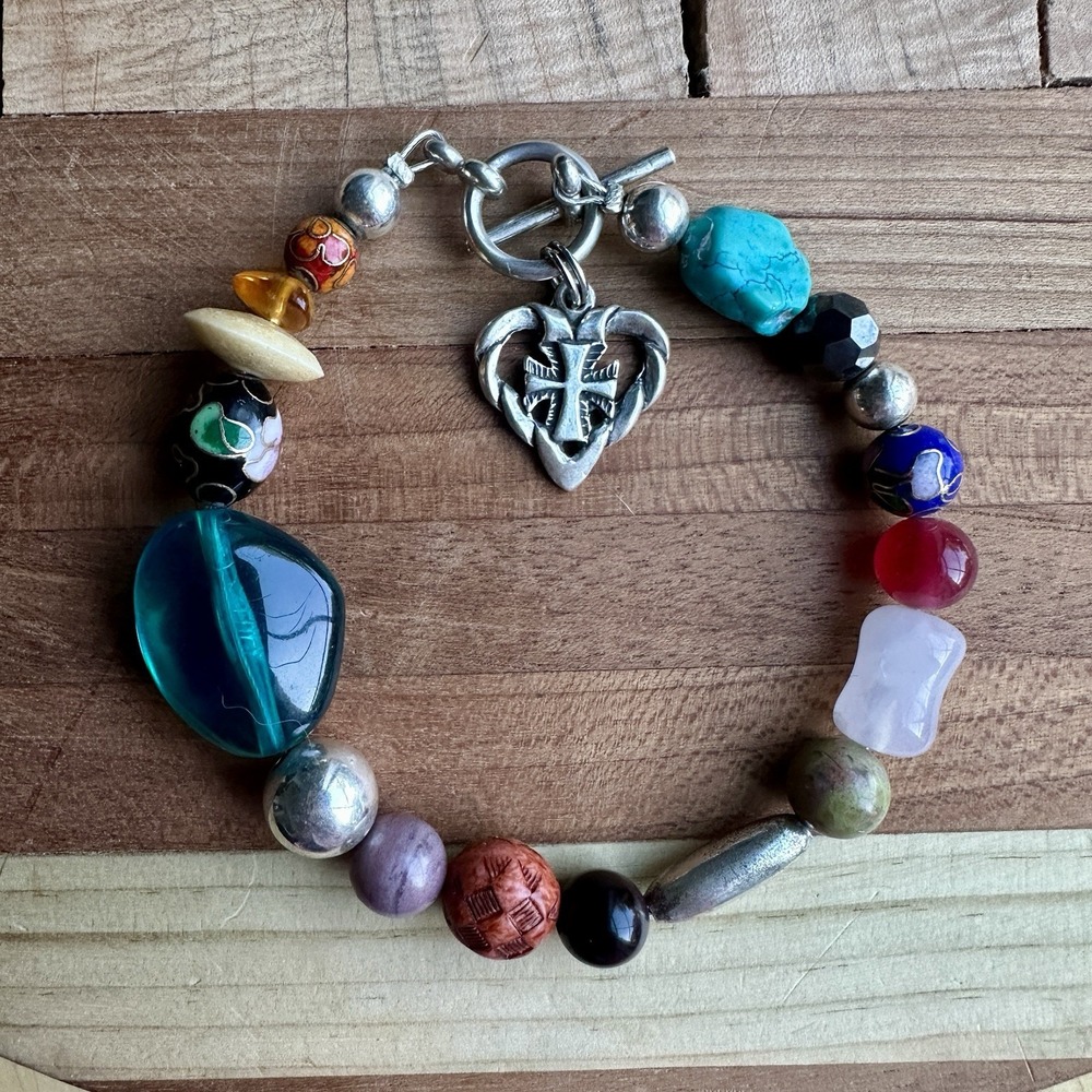 VTG Sunwest Silver Bead Bracelet 7 Inch Cloisonne Cross Heart 925 Sterling 19.7g